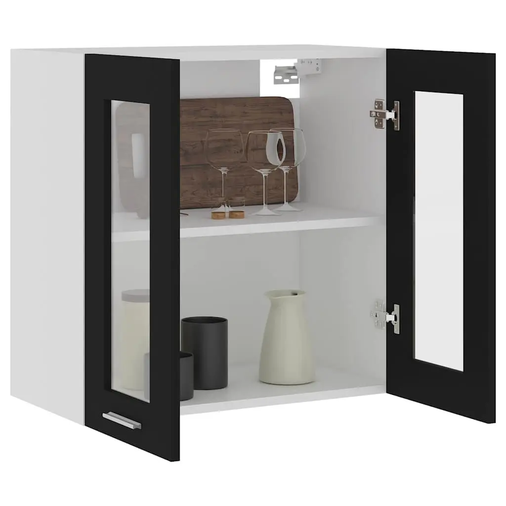 Hanging Glass Kitchen Cabinet Black Wall Mounted Two Doors Two Shelves