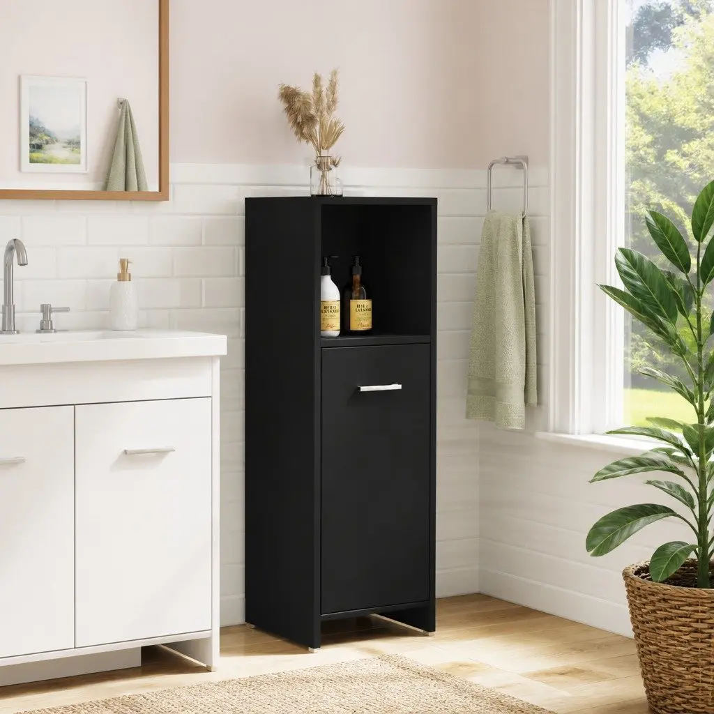 Bathroom Cabinet Black 30x30x95 cm Storage Cupboard with 3 Compartments and 1 Door