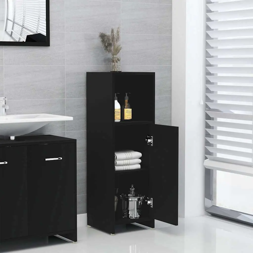 Bathroom Cabinet Black 30x30x95 cm Storage Cupboard with 3 Compartments and 1 Door