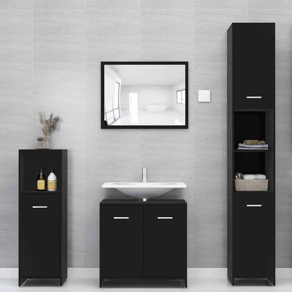 Bathroom Cabinet Black 30x30x95 cm Storage Cupboard with 3 Compartments and 1 Door
