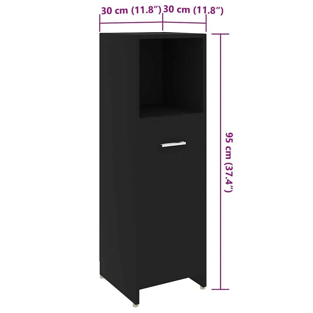 Bathroom Cabinet Black 30x30x95 cm Storage Cupboard with 3 Compartments and 1 Door