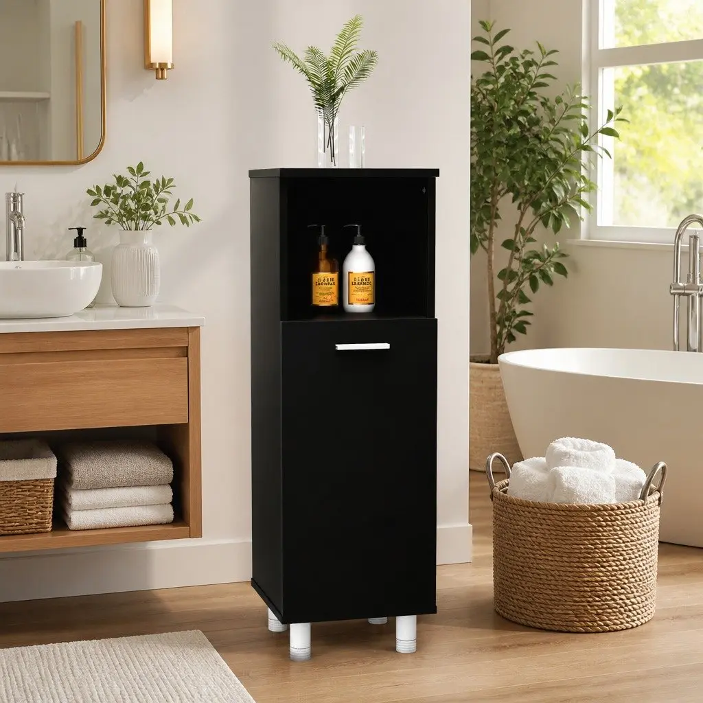 Bathroom Cabinet Black Storage Furniture Engineered Wood Cupboard with Door