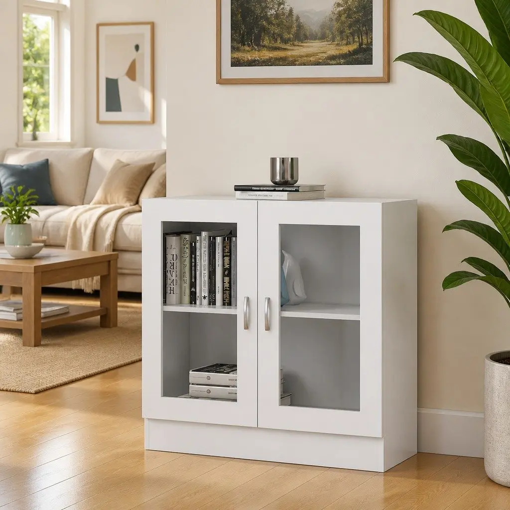 Vitrine Cabinet White 2 Door Shelving Unit Storage Display