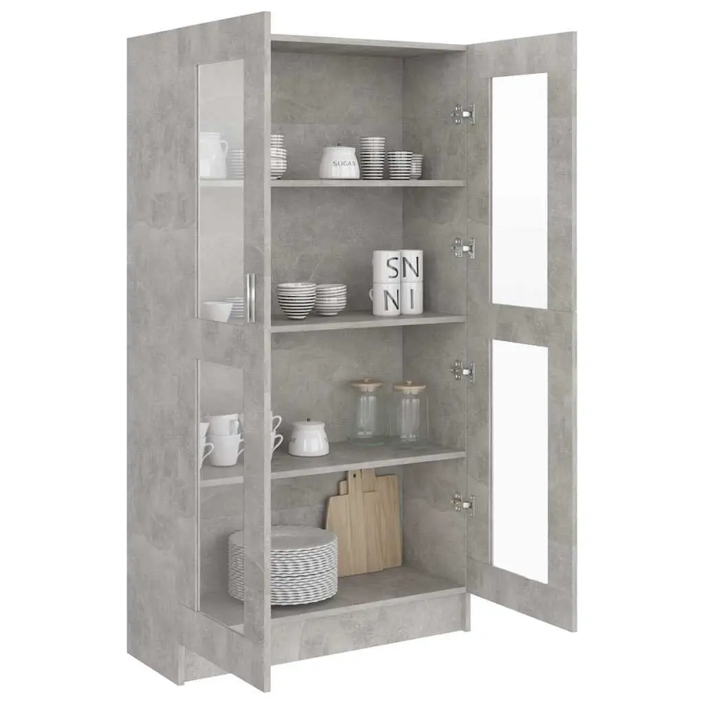 Engineered Wood Vitrine Cabinet Grey 4 Compartment Storage Bookshelf with 2 Doors