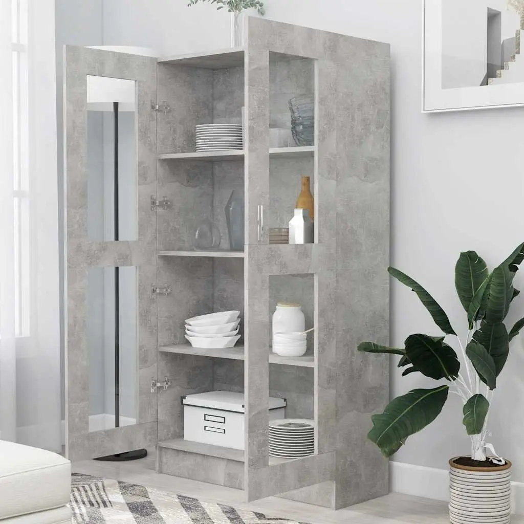 Engineered Wood Vitrine Cabinet Grey 4 Compartment Storage Bookshelf with 2 Doors