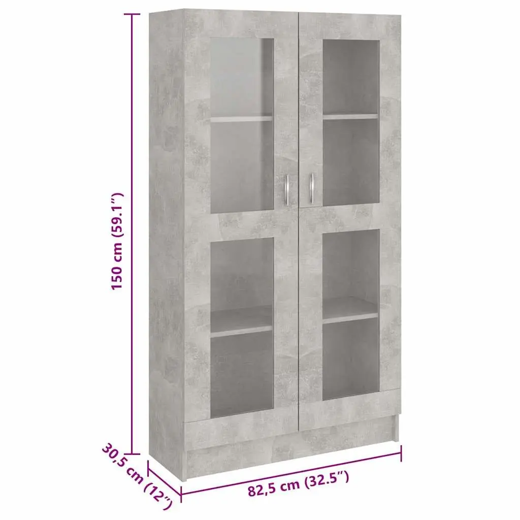 Engineered Wood Vitrine Cabinet Grey 4 Compartment Storage Bookshelf with 2 Doors