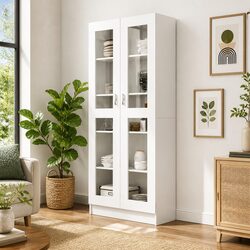 Vitrine Cabinet White 82.5x30.5x185 cm Storage Bookcase Shelving Display Unit