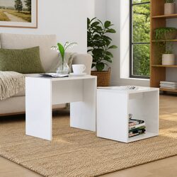Coffee Table Set White 2-Piece Nesting Design Space-Saving Living Room Accent