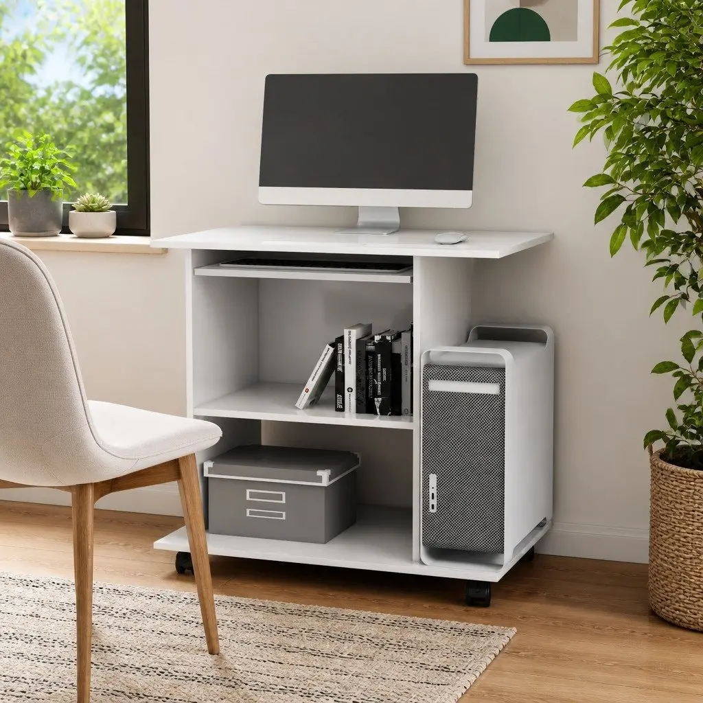 Computer Desk 80x50x75cm White Compact with Sliding Keyboard Section and Mobile Castors