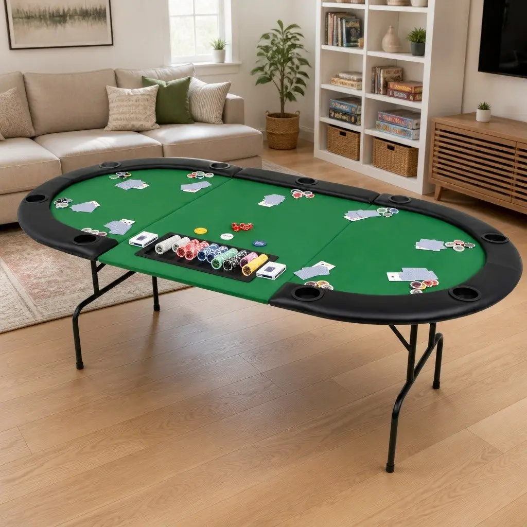 Folding Poker Table 9 Player Oval Green Padded Rim with Cup Holders and Dealer Tray
