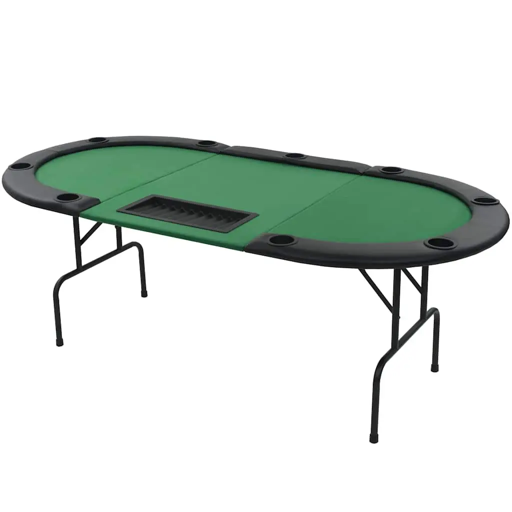 Folding Poker Table 9 Player Oval Green Padded Rim with Cup Holders and Dealer Tray