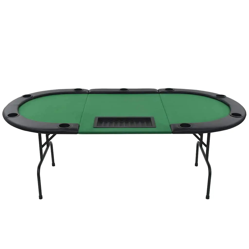 Folding Poker Table 9 Player Oval Green Padded Rim with Cup Holders and Dealer Tray