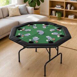 Folding Poker Table 8-Player Octagonal Games Table Green Cup Holders Padded Rim
