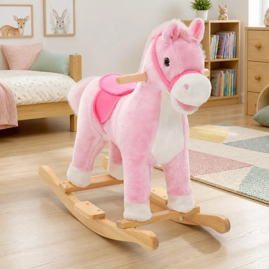 Rocking Horse Plush Pink Kids Riding Toy Soft Padding Metal Frame Wooden Base
