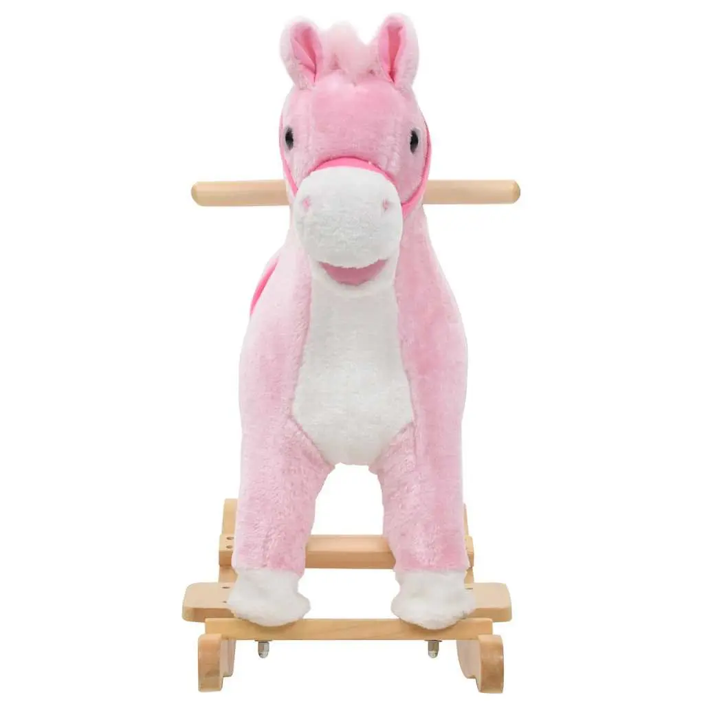 Rocking Horse Plush Pink Kids Riding Toy Soft Padding Metal Frame Wooden Base