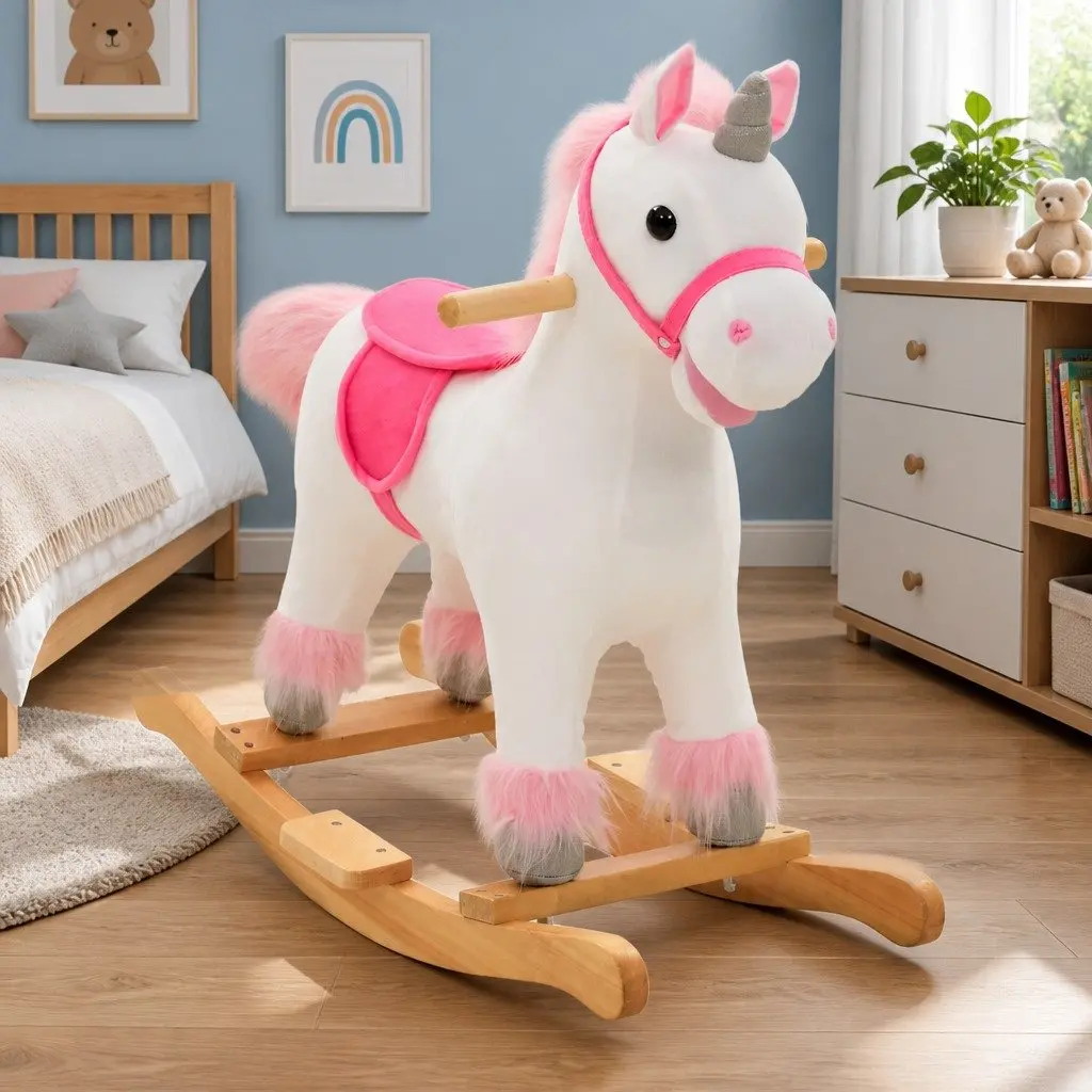 Rocking Unicorn Plush Toy Kids Ride-On Animal Soft Cover Metal Frame Wooden Base