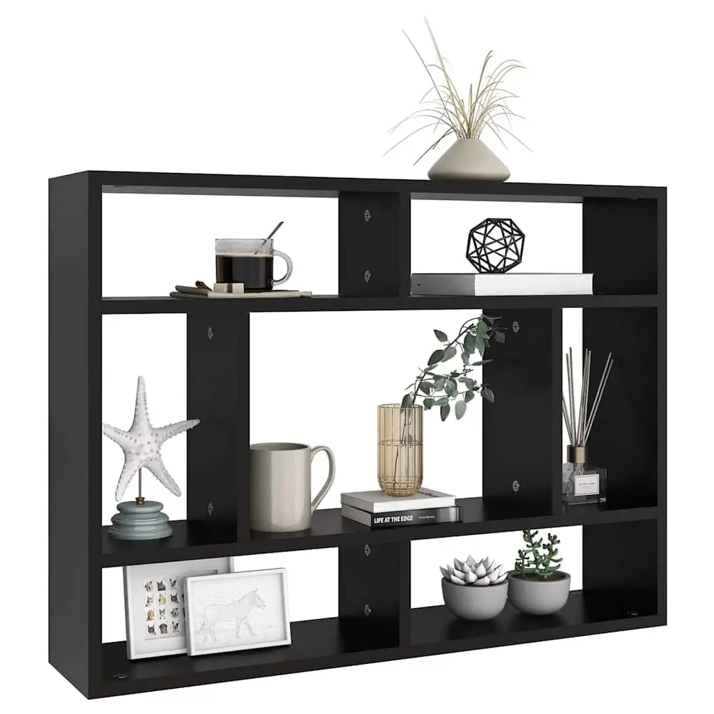Wall Shelf 75x16x55cm Black Open Compartments Storage Display Shelving Unit