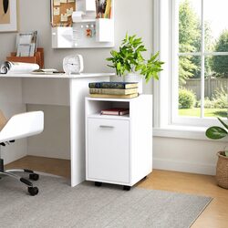 Modern White Cabinet with Wheels for a Clutter-Free Space