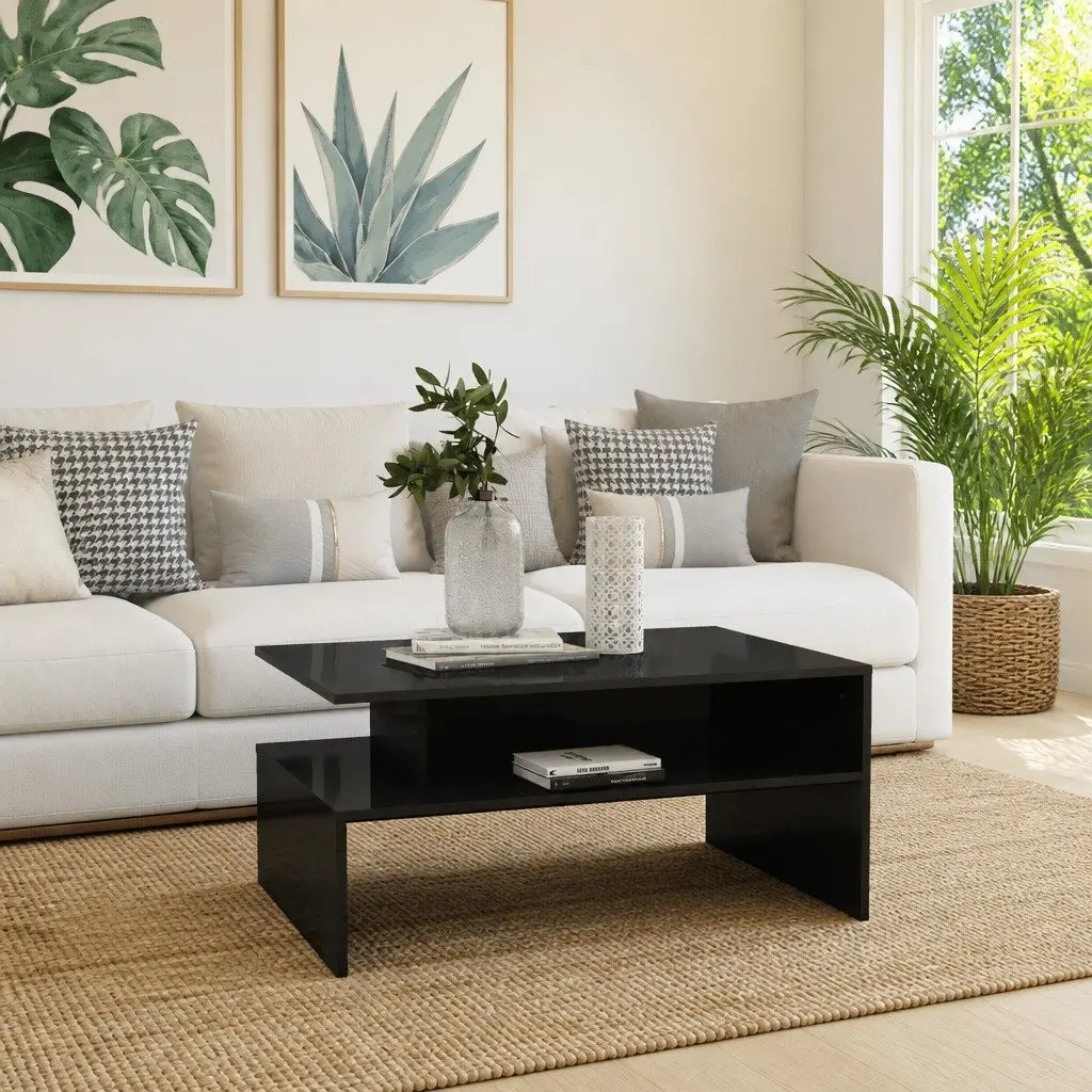 Coffee Table Grey High Gloss Storage Shelf