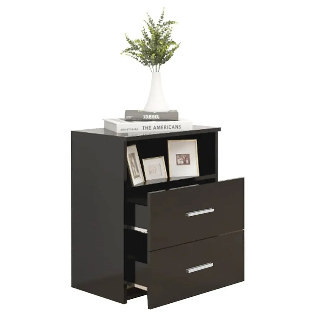 Bedside Table Cabinet Black Two Drawers Open Shelf Sturdy Construction