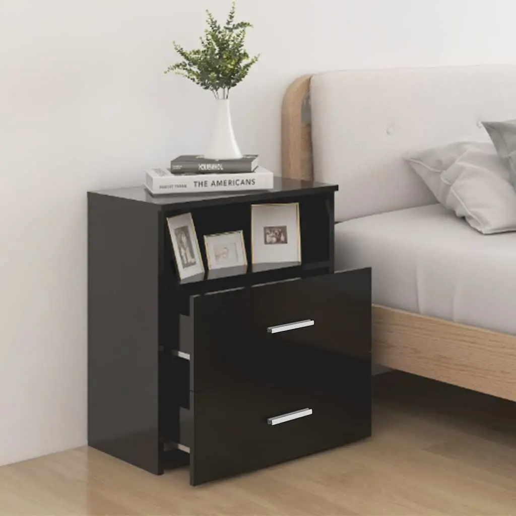 Bedside Table Cabinet Black Two Drawers Open Shelf Sturdy Construction