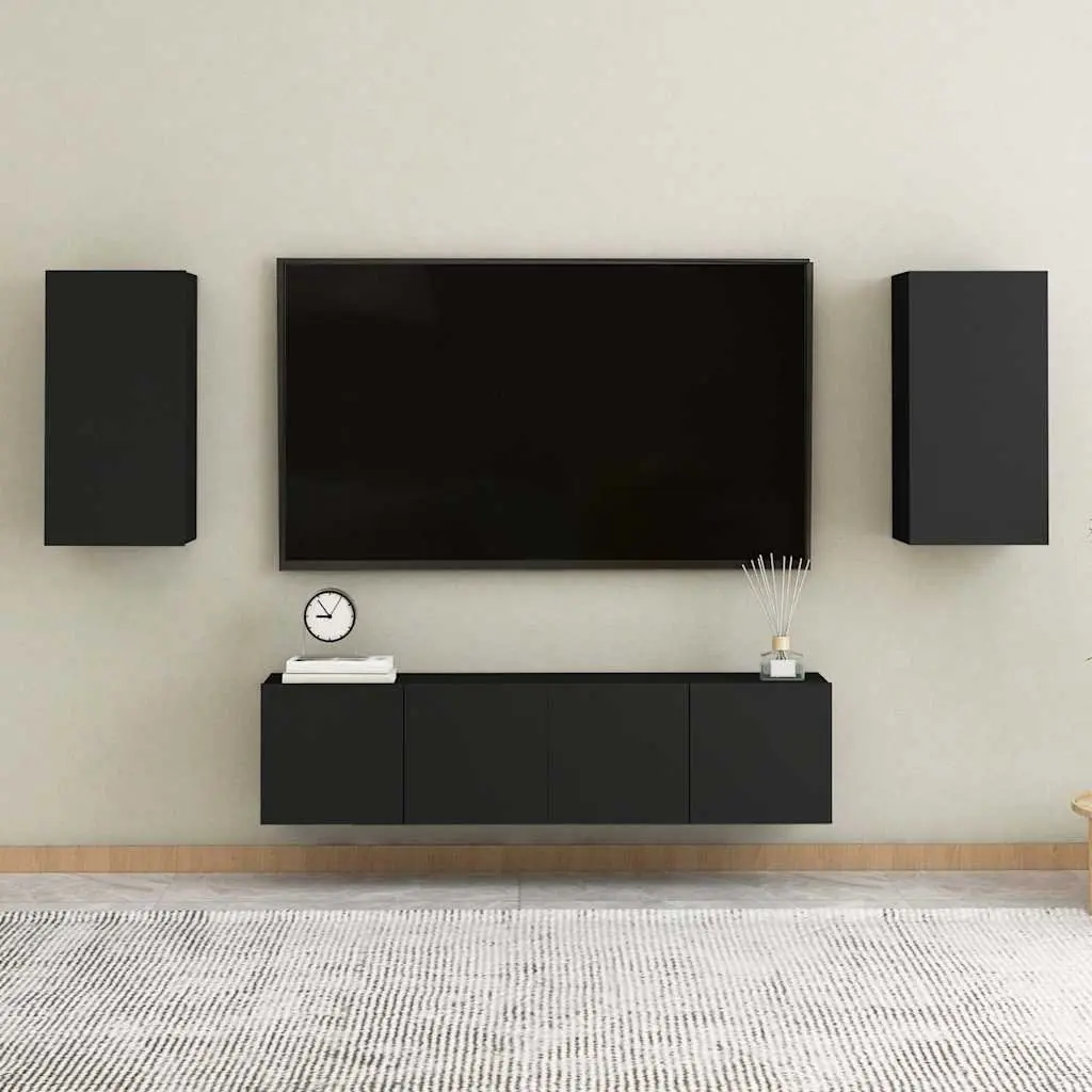 Wall-Mounted TV Cabinet Set 2 Pieces Black Storage Shelves Living Room Unit