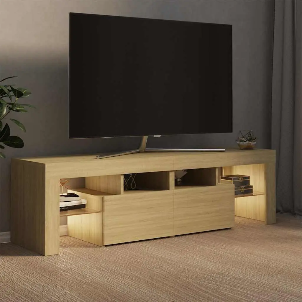 TV Cabinet 140cm Brown Engineered Wood RGB LED Lights Storage Unit