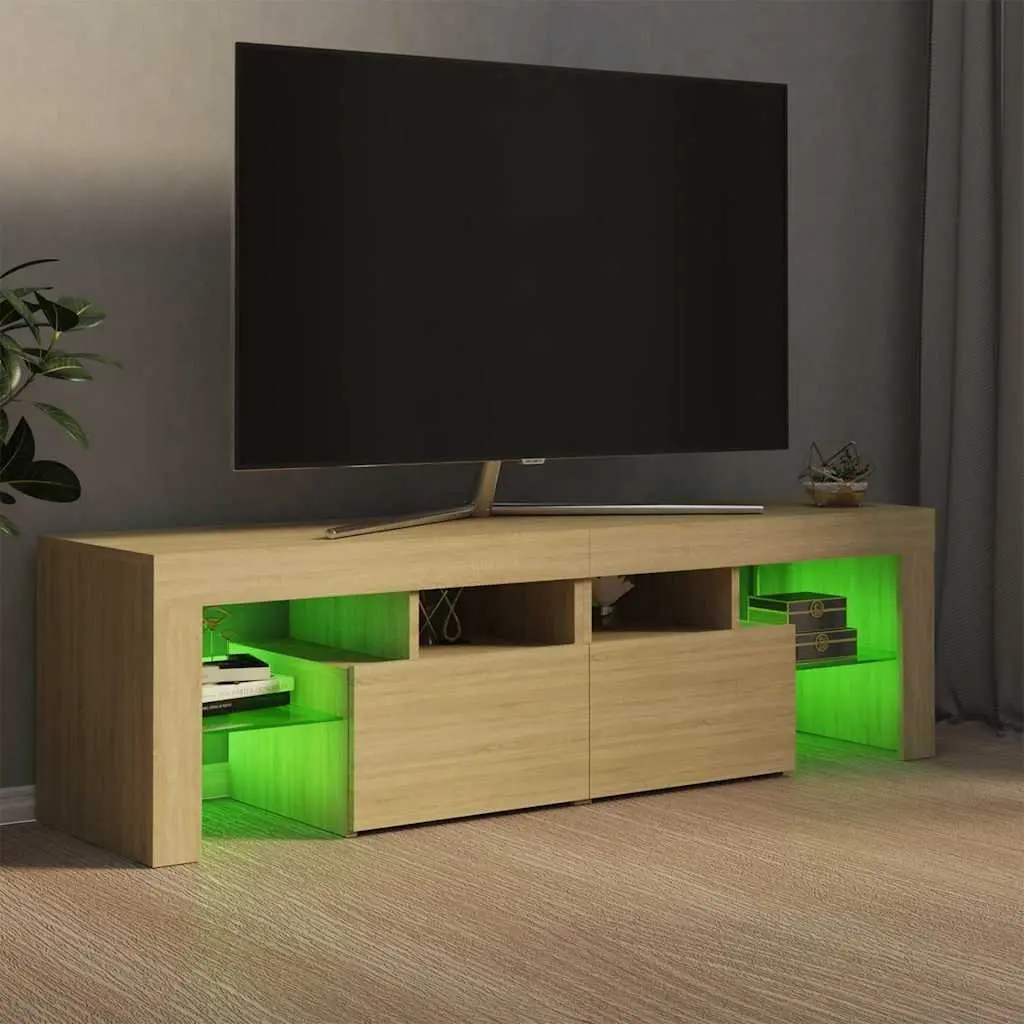 TV Cabinet 140cm Brown Engineered Wood RGB LED Lights Storage Unit