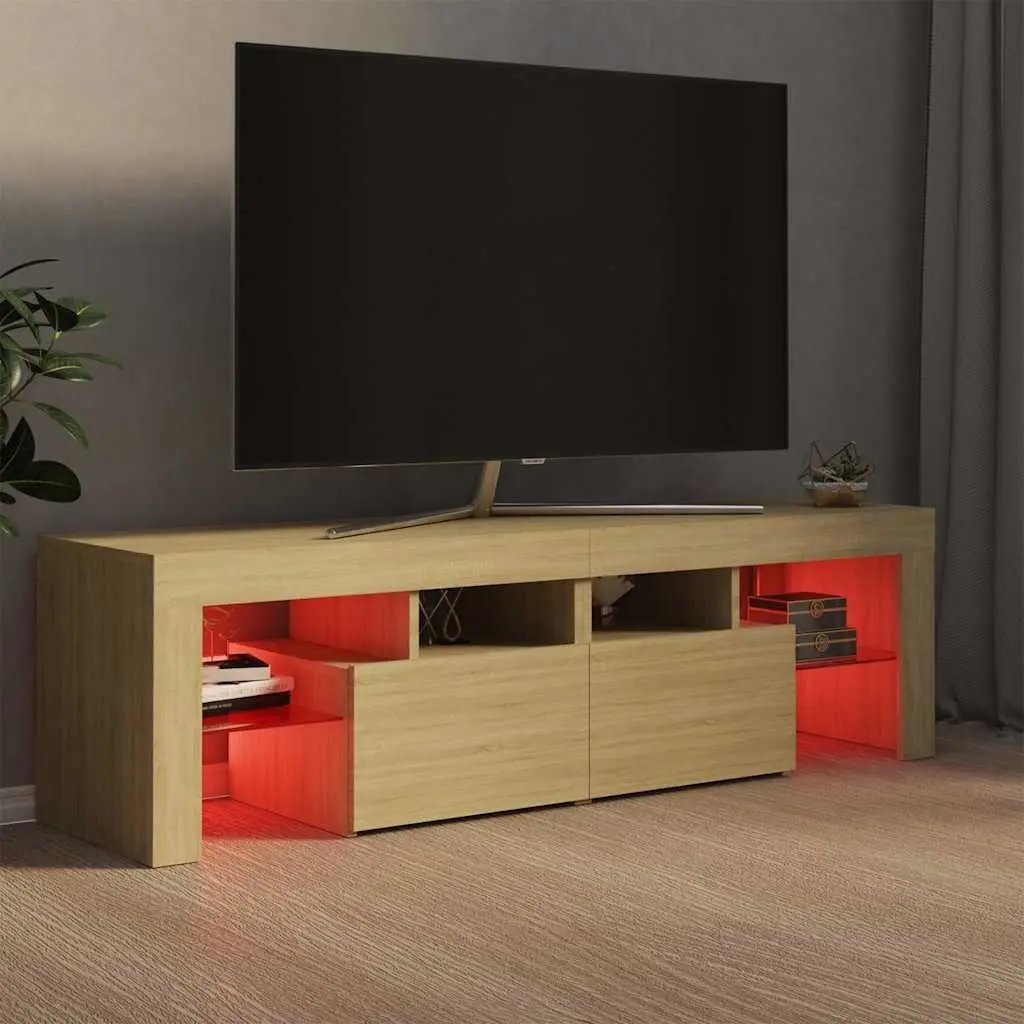 TV Cabinet 140cm Brown Engineered Wood RGB LED Lights Storage Unit