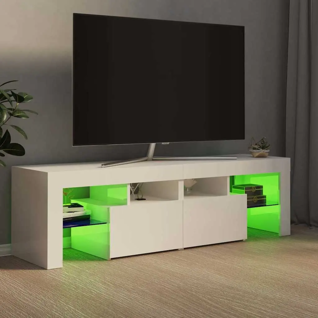 TV Cabinet 140cm RGB LED Lights Modern High Gloss White Storage Unit