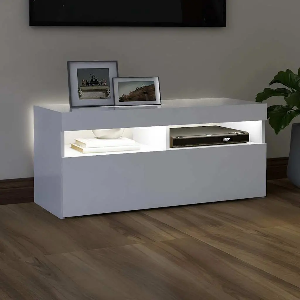 Media Storage TV Cabinet White 90x35x40cm with RGB LED Lights Entertainment Unit