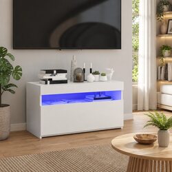 TV Cabinet with LED Lights White Modern Media Storage Unit 75x35x40cm