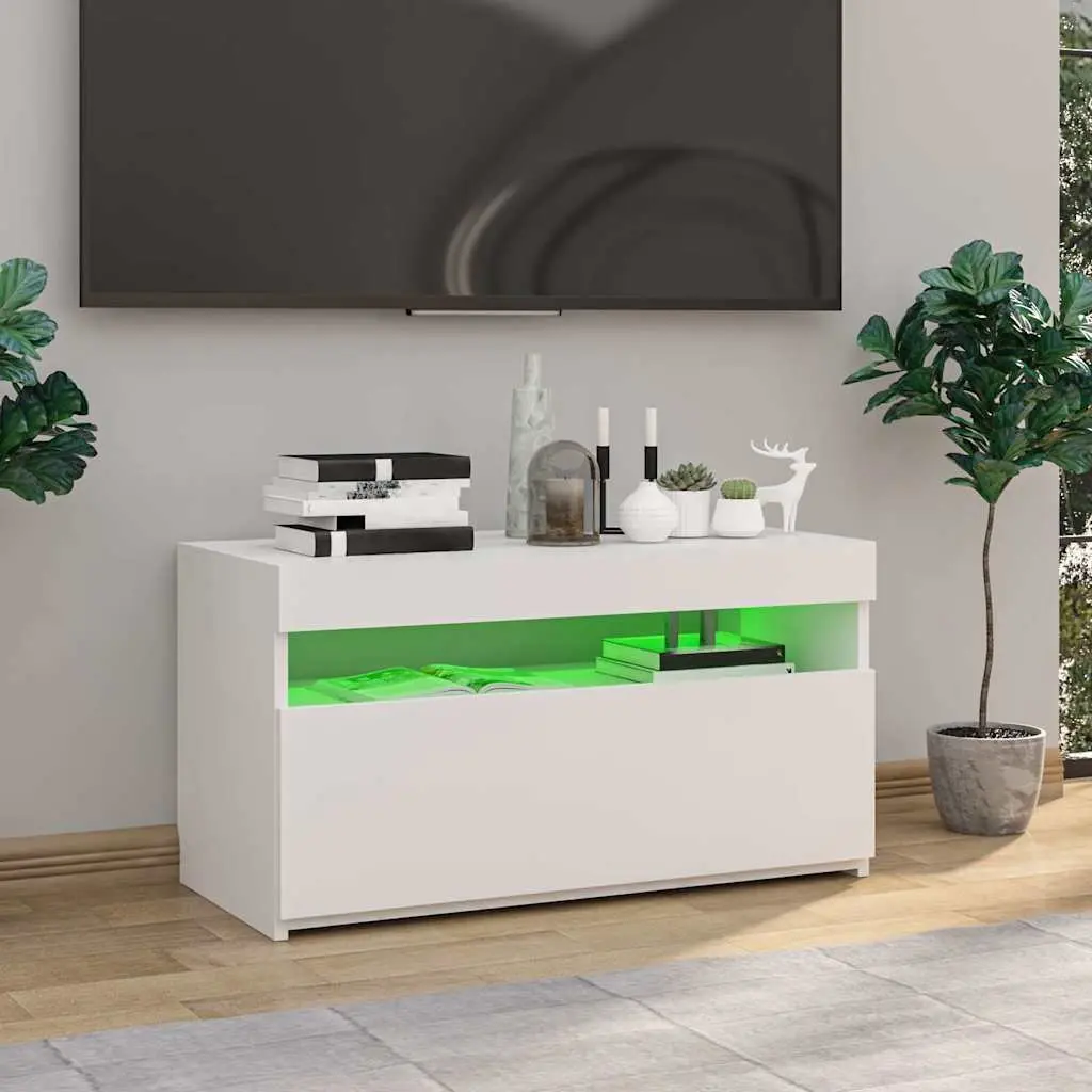 TV Cabinet 75x35x40cm White Modern Media Storage Unit with LED Lights