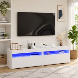 TV Cabinet Set 2 Piece White with LED Lights Modern Media Storage Unit