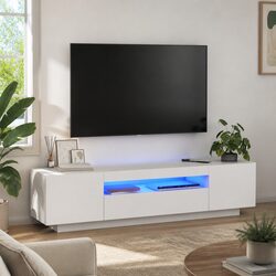 TV Cabinet with LED Lights White Floating Shelves Modern Entertainment Unit