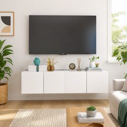 Wall Mounted TV Cabinet Unit White Modern Storage Shelving Compartments