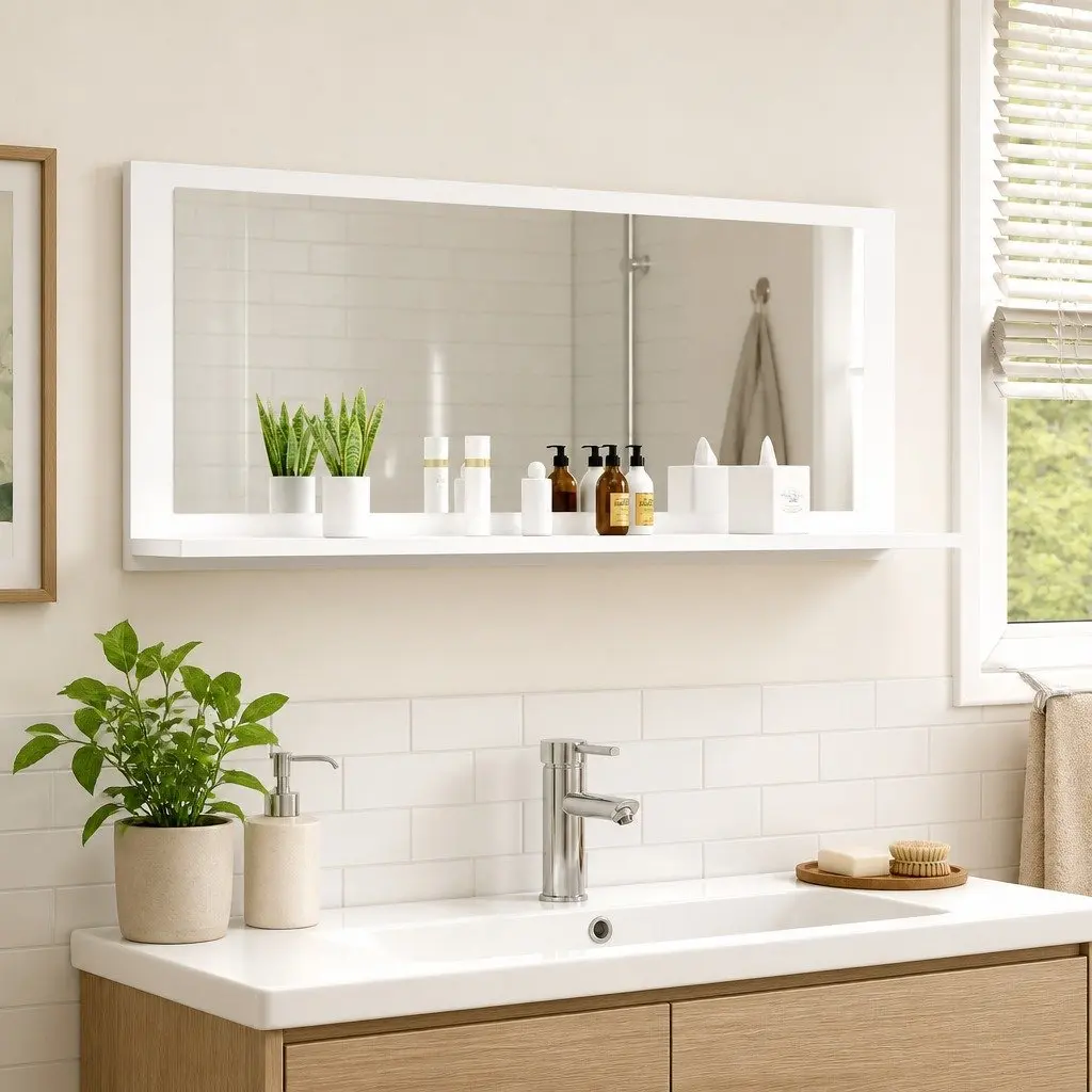 Wall Mounted Bathroom Mirror Unit White with Shelf Engineered Wood 100x10.5x37cm
