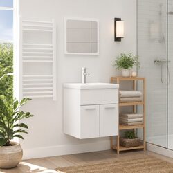 Bathroom Furniture Set 2 Piece White Engineered Wood Cabinet Mirror Storage