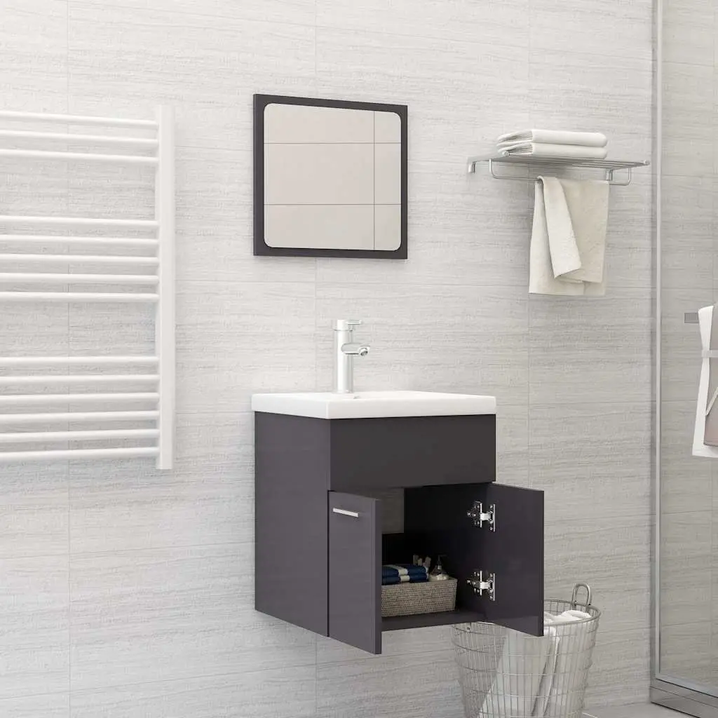 Bathroom Furniture Set 2 Piece Grey High Gloss Cabinet Mirror Engineered Wood