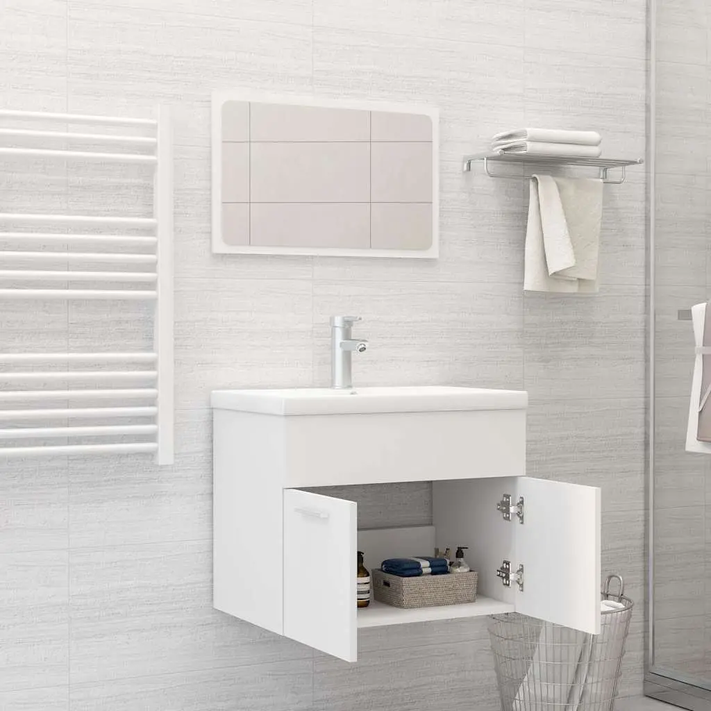 Bathroom Furniture Set 2 Piece White Engineered Wood Cabinet with Mirror Storage
