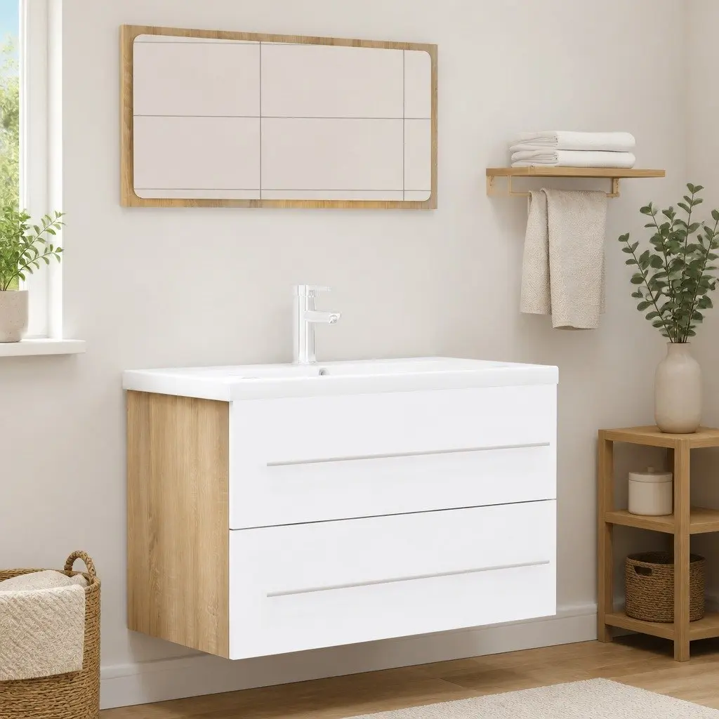 Bathroom Furniture Set 2 Piece Engineered Wood Storage Cabinet and Mirror White Sonoma Oak