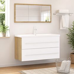 Bathroom Furniture Set 2 Piece White Sonoma Oak Engineered Wood Cabinet Mirror