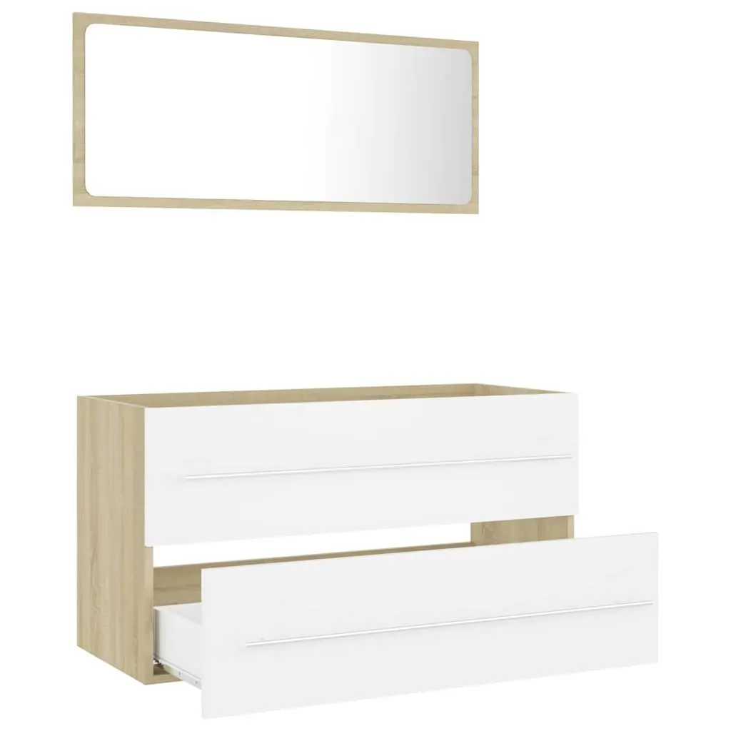 White Sonoma Oak Engineered Wood Bathroom Set 2 Piece Cabinet with Mirror