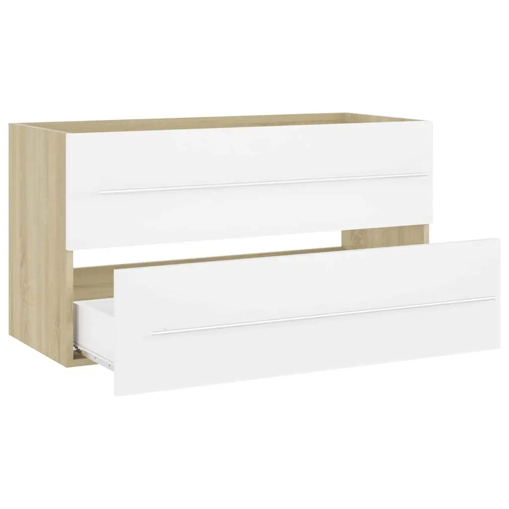 White Sonoma Oak Engineered Wood Bathroom Set 2 Piece Cabinet with Mirror