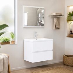 Bathroom Furniture Set 2 Piece White Cabinet Mirror Engineered Wood Storage