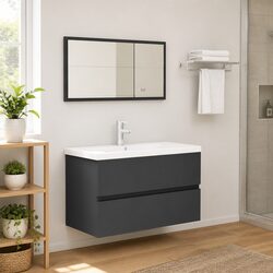 Grey Engineered Wood Bathroom Set with Cabinet & Mirror