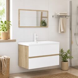 Bathroom Furniture Set 2 Piece White Sonoma Oak Mirror Cabinet Storage Drawer