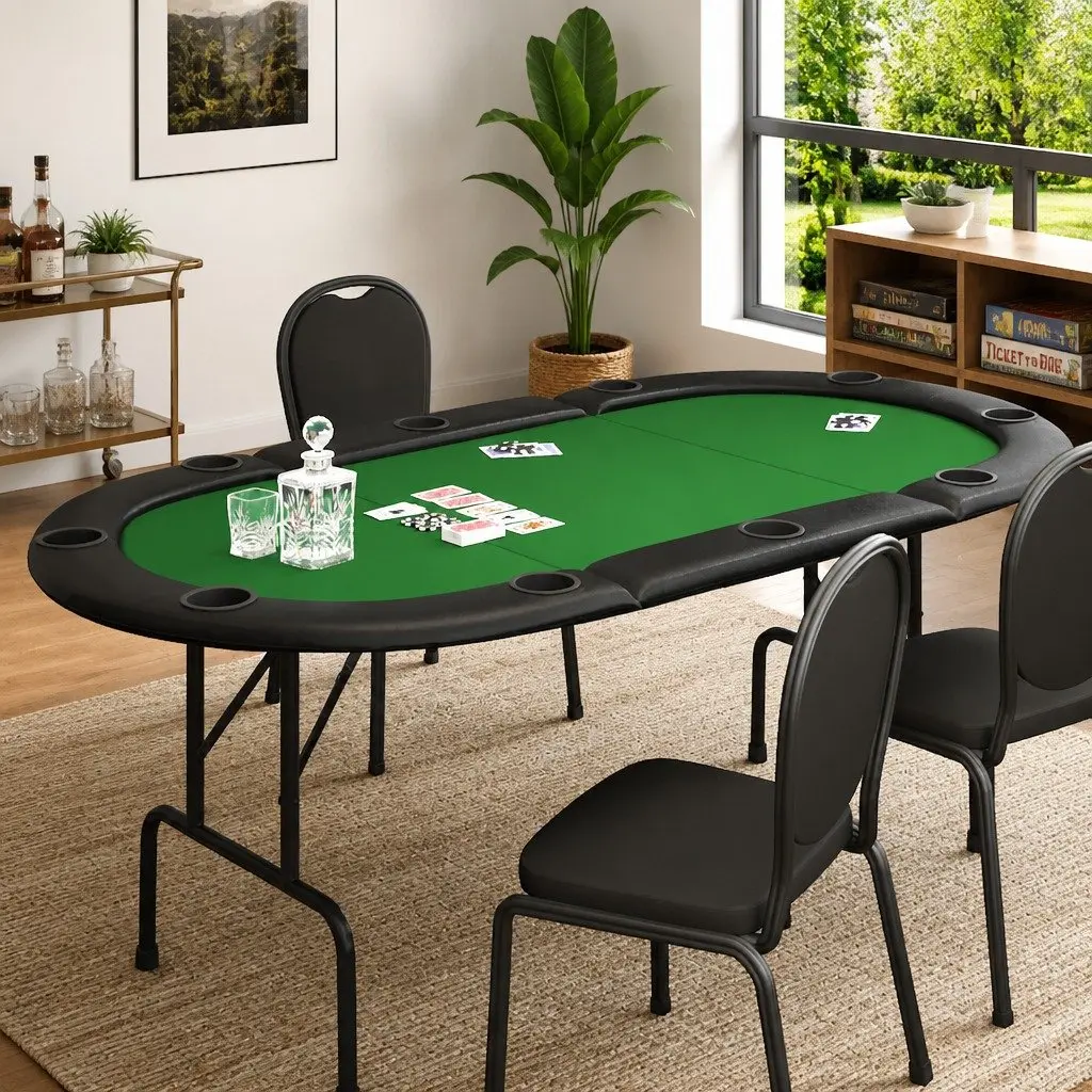 Poker Table 10 Player Folding Gaming Table Green Padded Rim Cup Holders