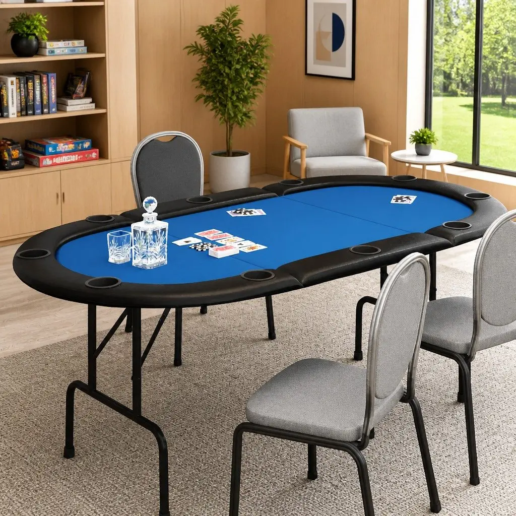 Poker Table 10 Player Folding Casino Style Blue 207x106x76cm Felt Surface