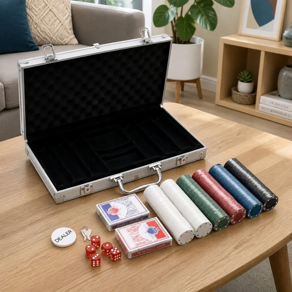 Poker Chip Set 300 Pieces Casino Colored 4g Chips with Dealer Button Dice Playing Cards Carry Case